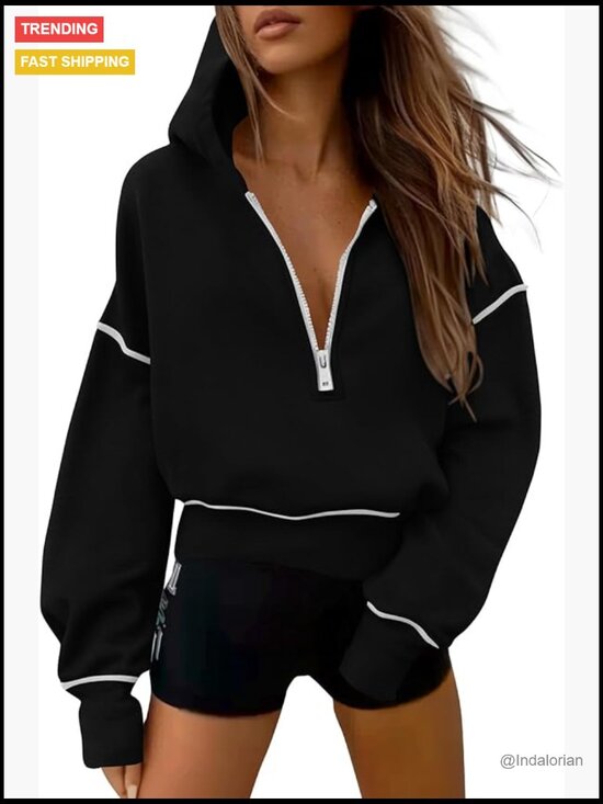 Tops - Half Zip Cropped Hooded Sweatshirt Pullover Long Sleeve Fleece Lined
